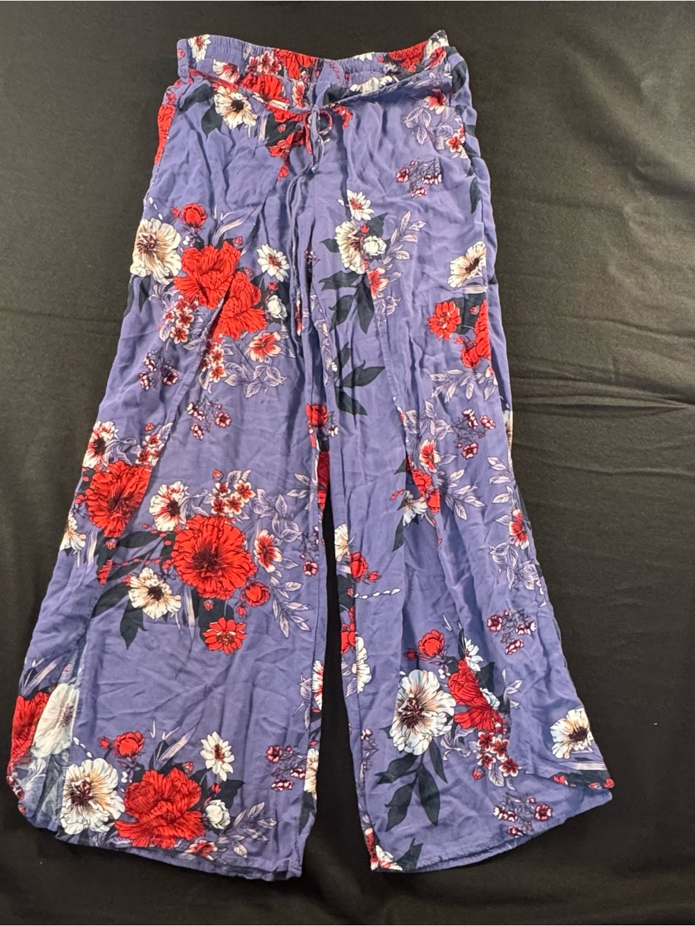 Derek Heart Purple Floral Wide-Leg Pants with Red Floral Accents - Picture 1 of 4